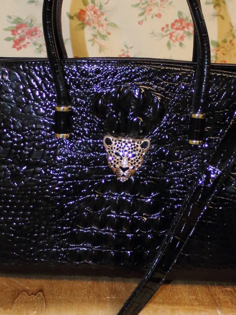 Menglinkai Faux Crocodile Black Satchel with gold details and bedazzled Leopard